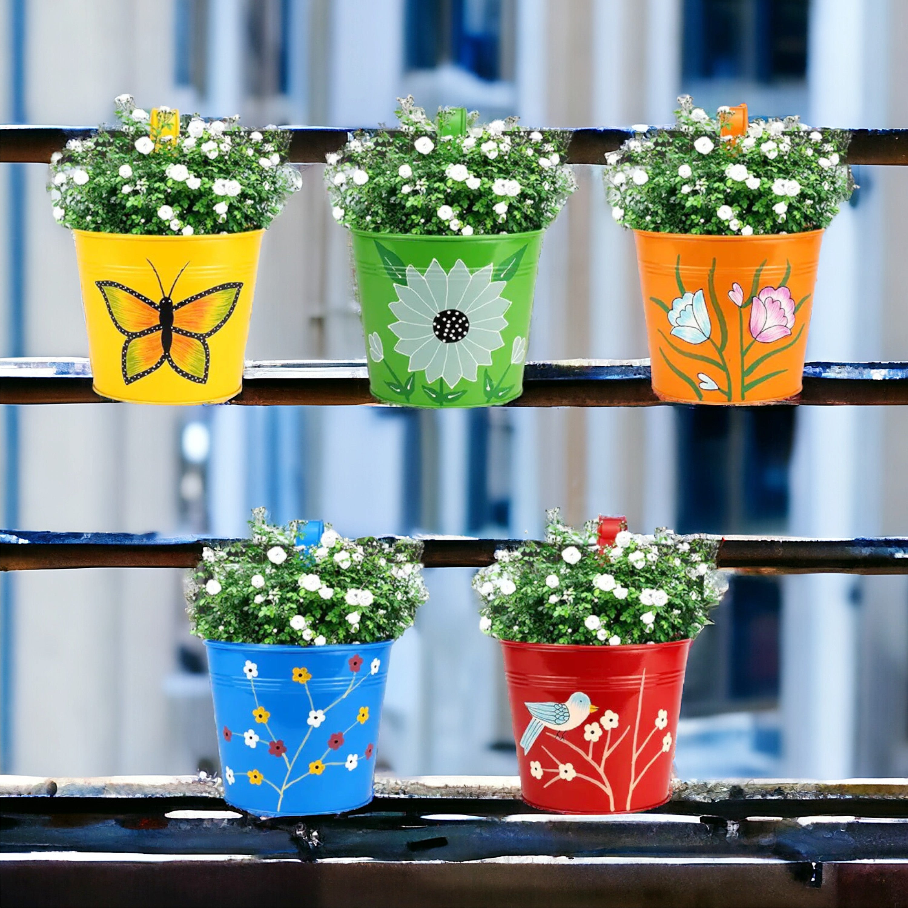 Colorful Round Shape Railing, Balcony Hanging Metal Planters (Set of 5)