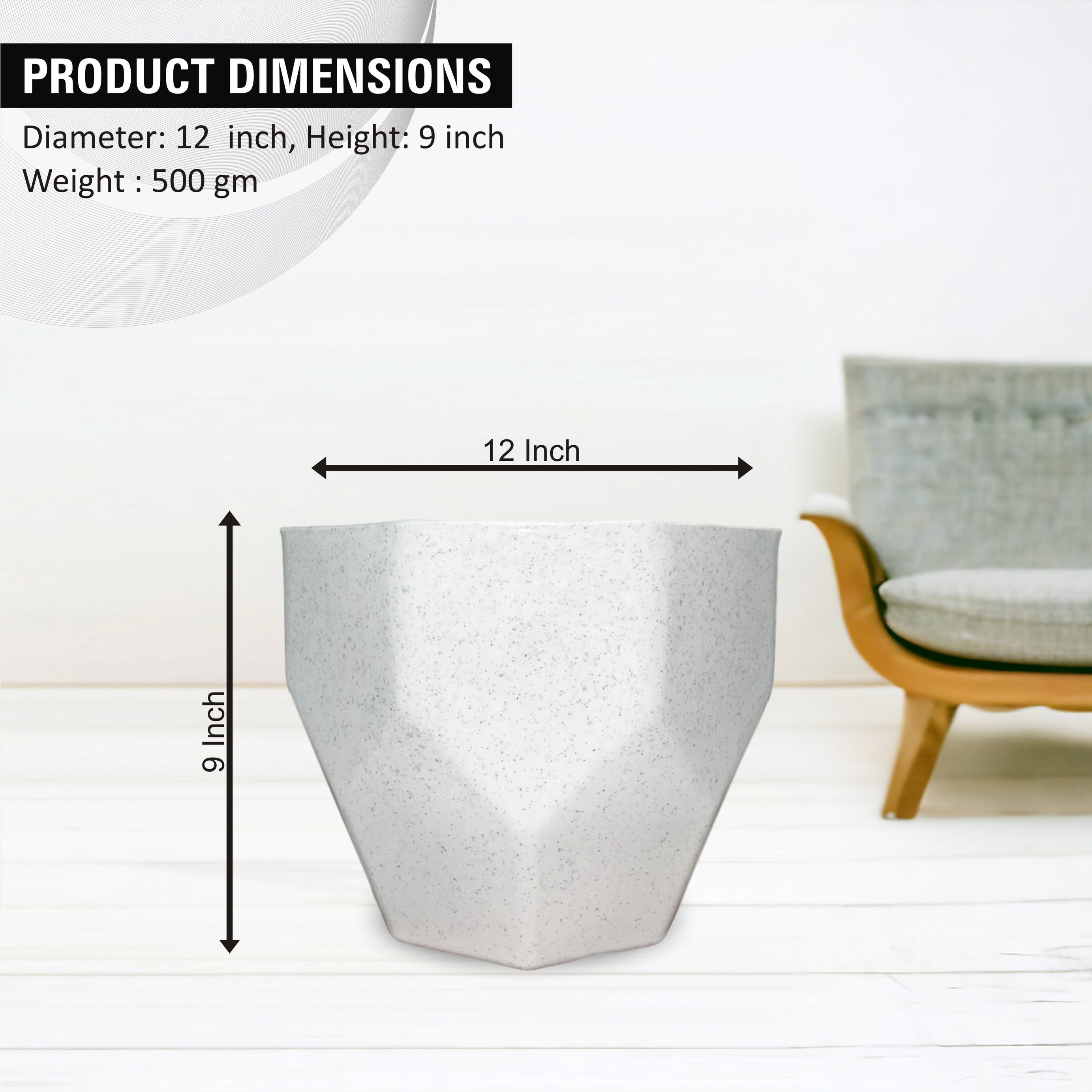 Dimond Shape Marble Design Plastic Pot 12 Inch Grey