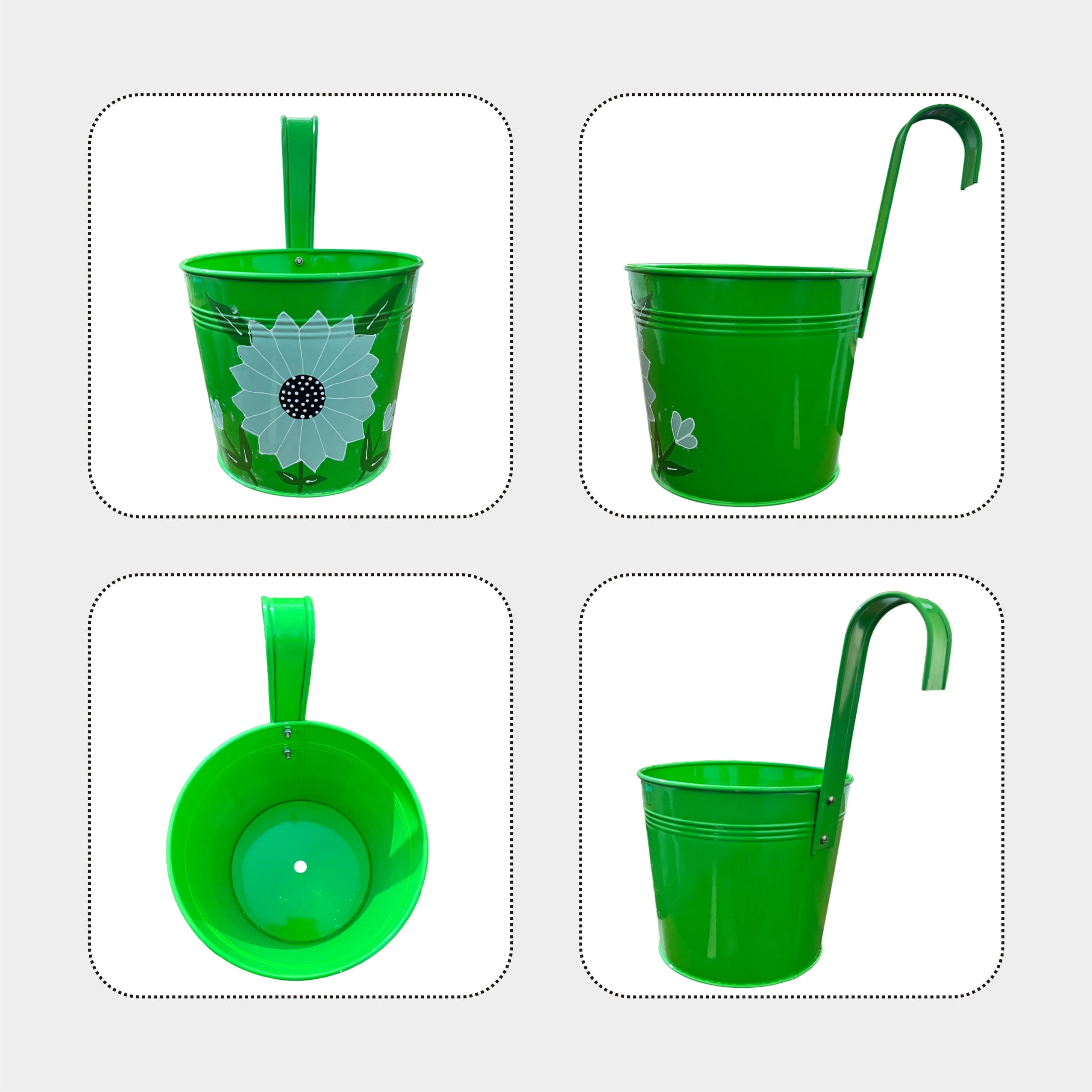 Colorful Round Shape Railing, Balcony Hanging Metal Planters (Set of 5)